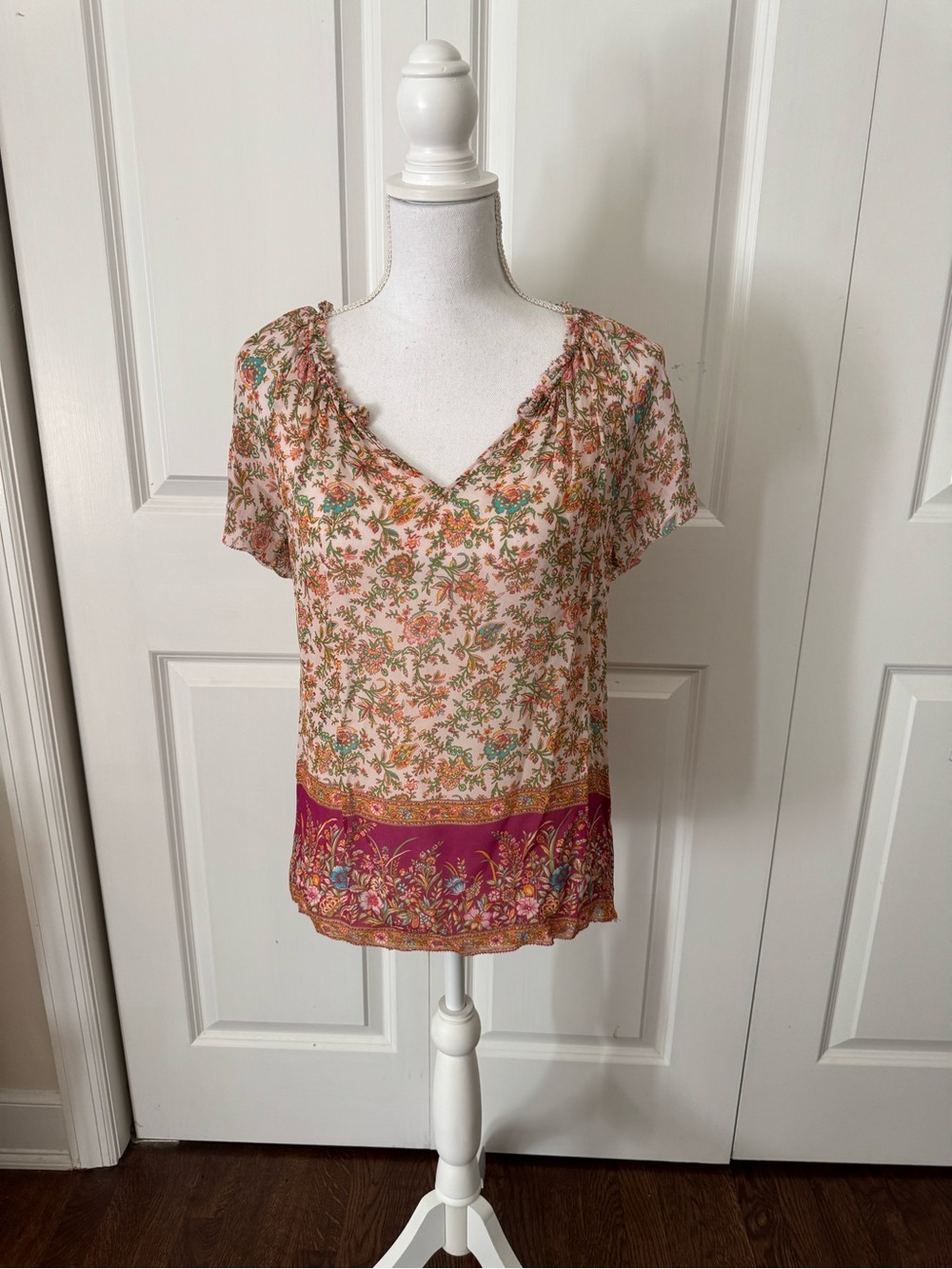 Lucky Brand Boho Floral V-Neck Short Sleeve Blouse Pink Multi Size XS